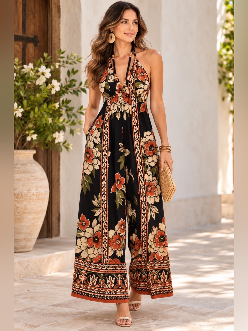 Angie Floral Wide Leg Halter Jumpsuit Size L 100% Rayon NWT Boho Resort NWT